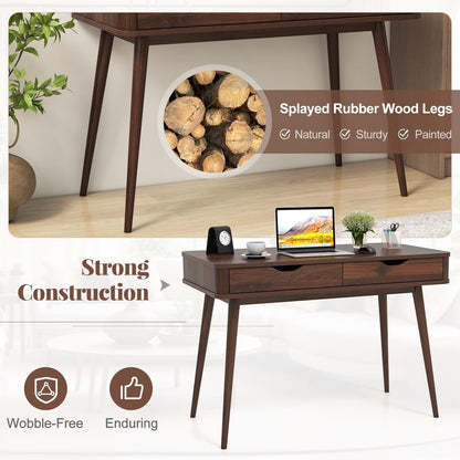 Goflame Mid-Century Desk with 2 Drawers, 43.5" Writing Study Desk with Solid Rubber Wood Legs
