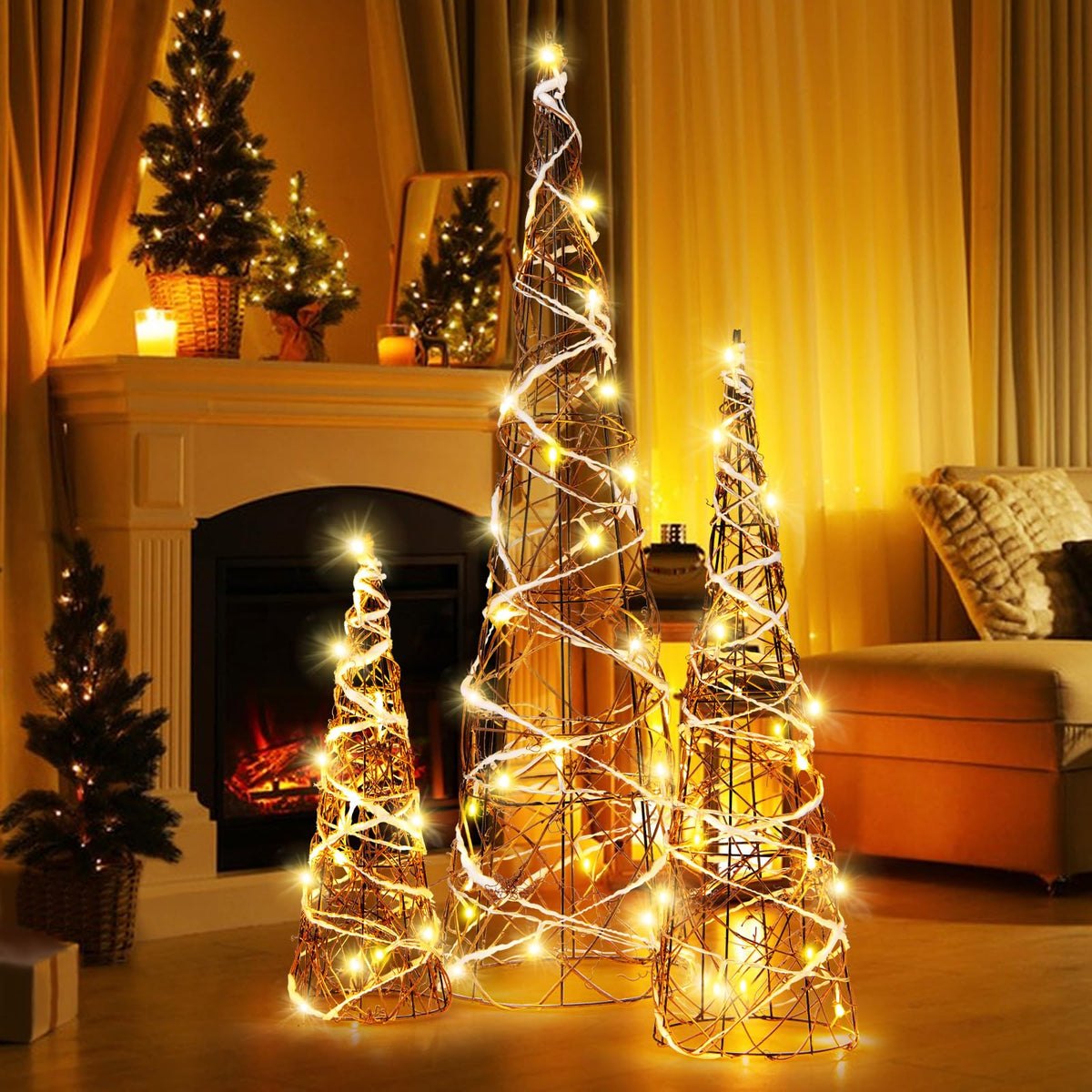 Goflame Set of 3 Large Christmas Cone Trees, 32” 24” 16” Indoor Christmas Trees w/Warm White LED Lights
