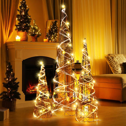 Goflame Set of 3 Large Christmas Cone Trees, 32” 24” 16” Indoor Christmas Trees w/Warm White LED Lights