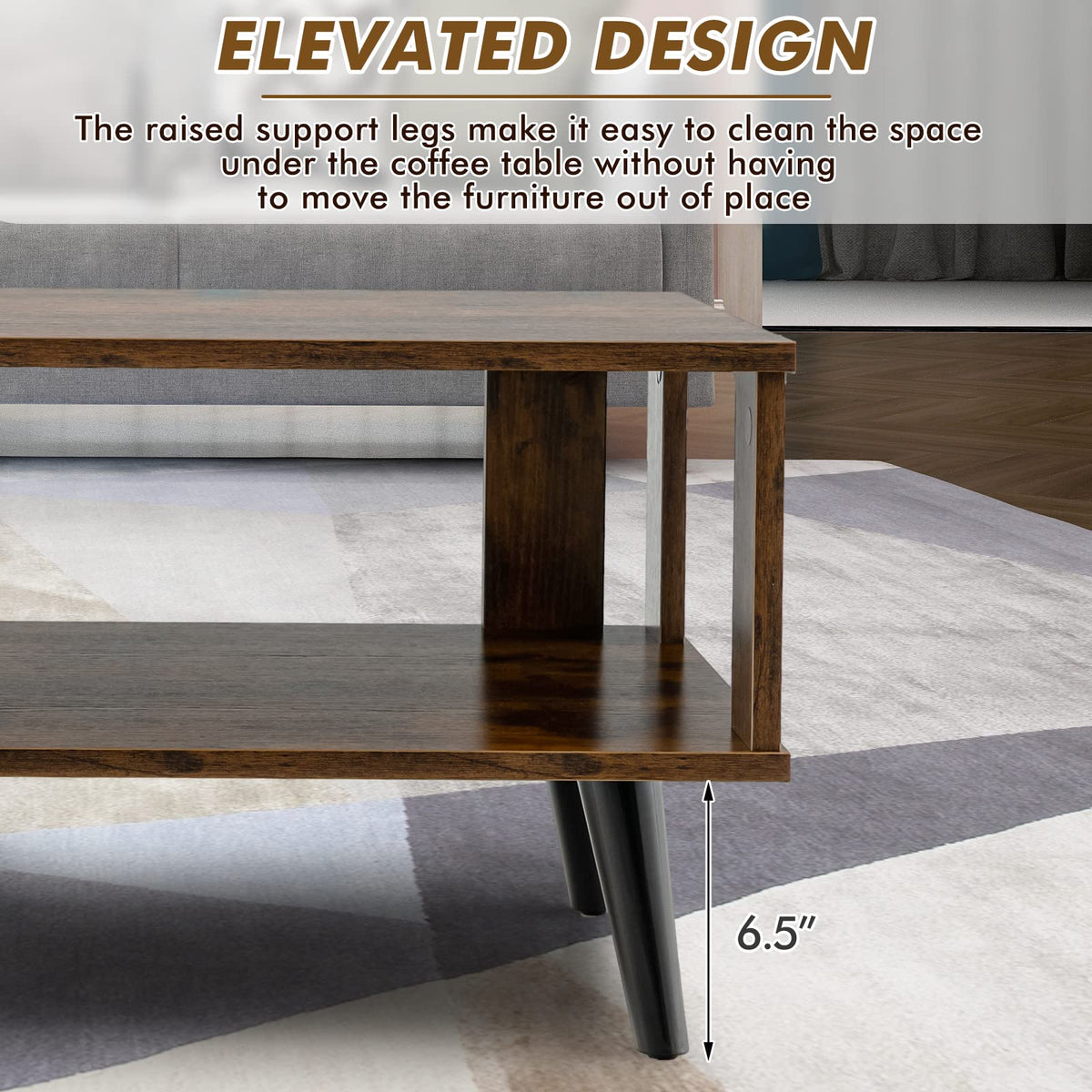 Goflame Retro Wood Coffee Table, 2-Tier Tea Table w/Open Storage Shelf & Supportive Legs