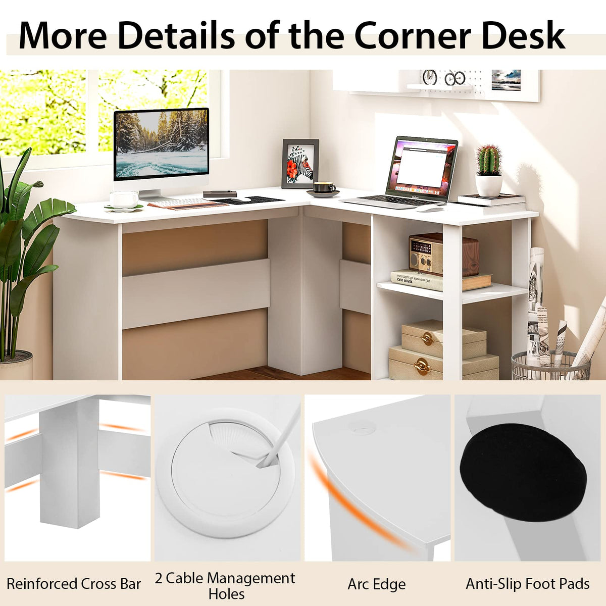 Goflame L Shaped Computer Desk, 51" Large Corner Desk with 2 Cable Holes & 2 Storage Shelves, White