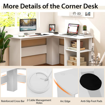 Goflame L Shaped Computer Desk, 51" Large Corner Desk with 2 Cable Holes & 2 Storage Shelves, White