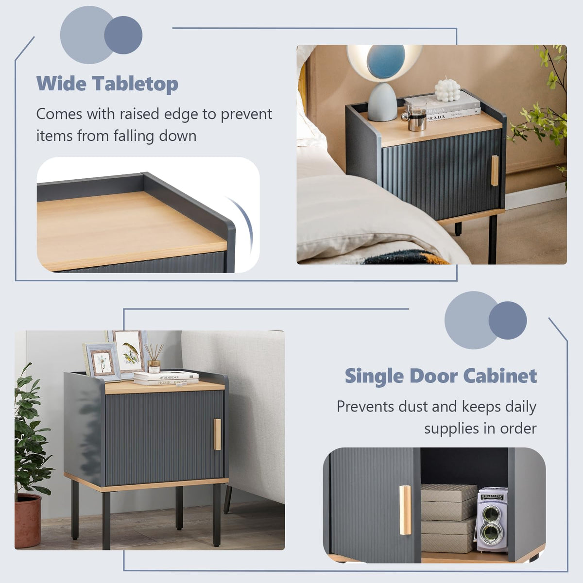 Goflame Nightstand with Storage, Bedside Table with Single Door Cabinet, Small Space, Gray