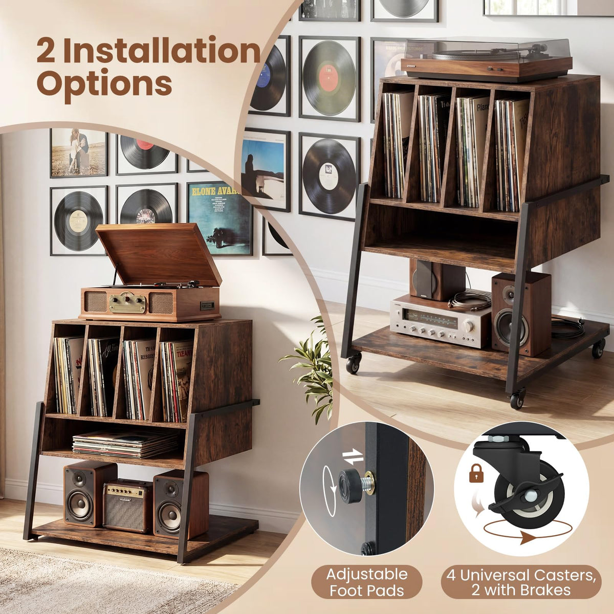 Goflame Record Player Stand on Wheels | 3-Tier Turntable Stand with Charging Station