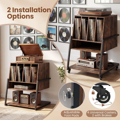 Goflame Record Player Stand on Wheels | 3-Tier Turntable Stand with Charging Station