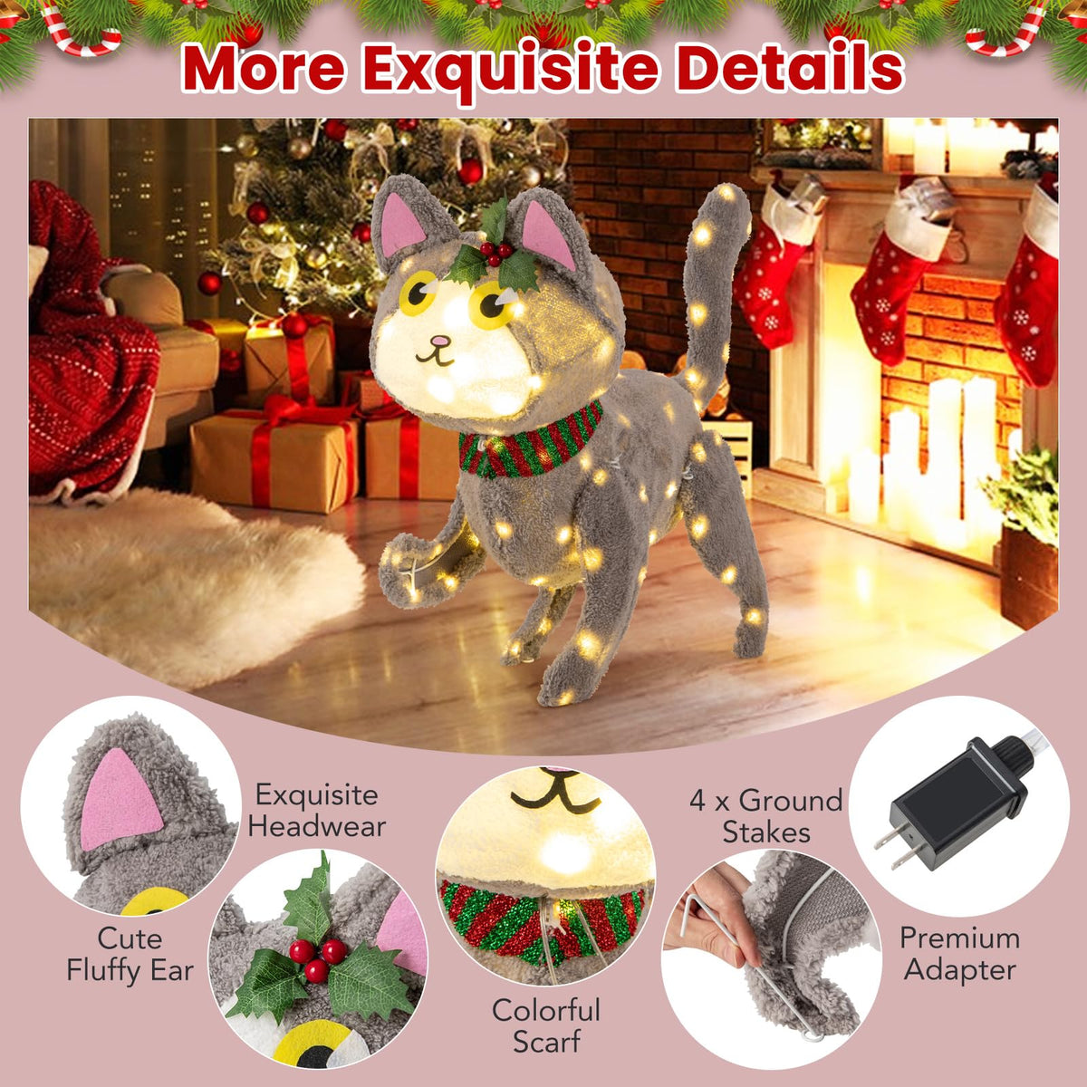 Goflame Lighted Christmas Cat, Indoor Outdoor Kitty Decoration w/ 88 LED Lights