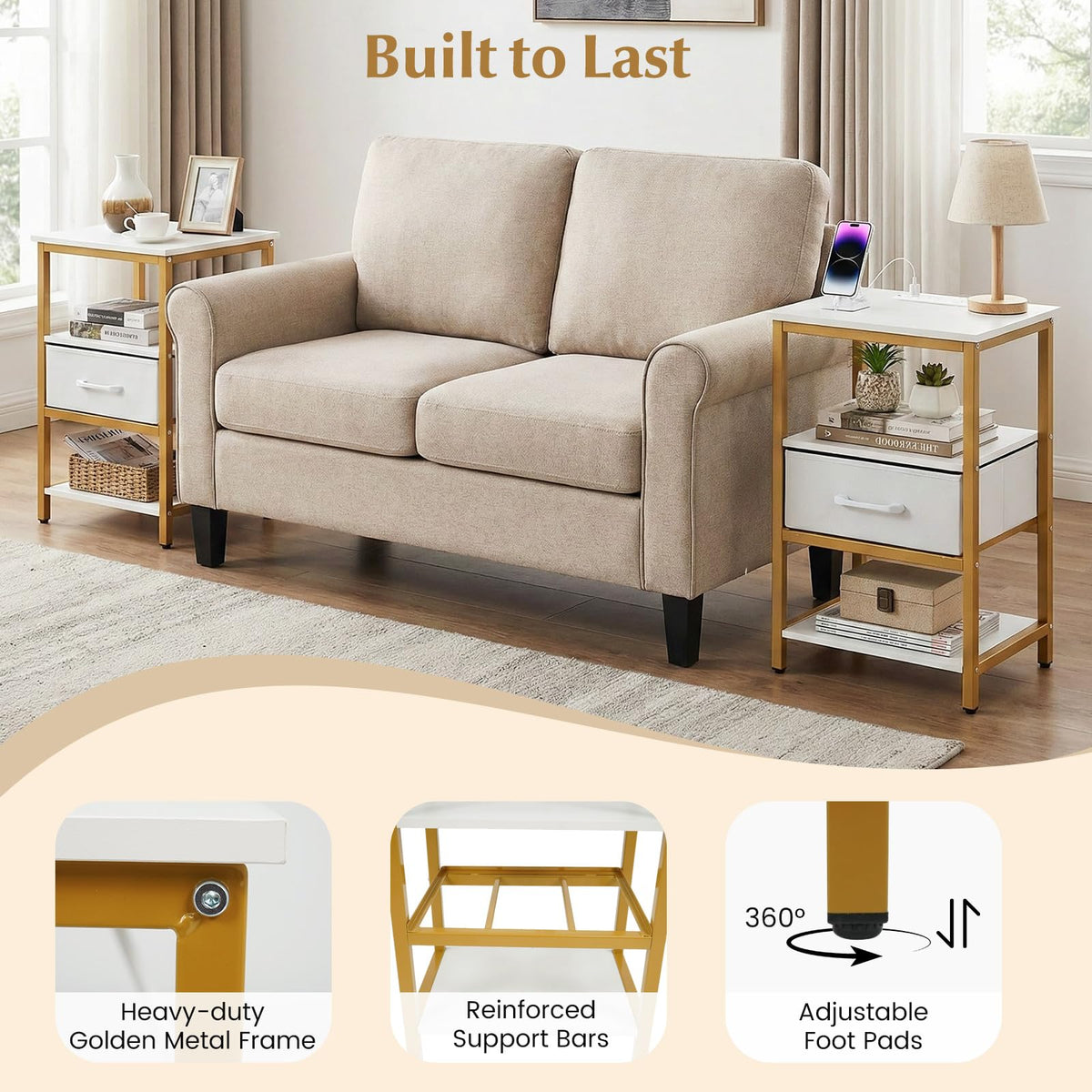 Goflame Nightstand with Charging Station and Adjustable Fabric Drawer for Bedroom and Living Room