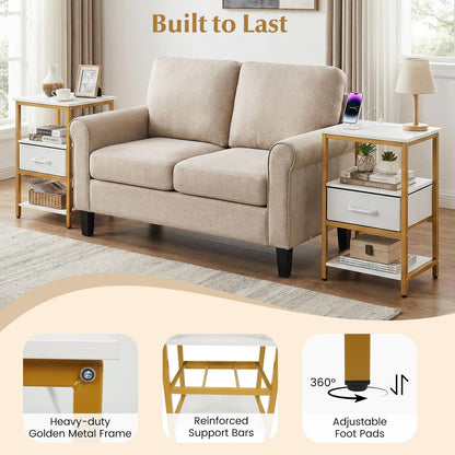 Goflame Nightstand with Charging Station and Adjustable Fabric Drawer for Bedroom and Living Room