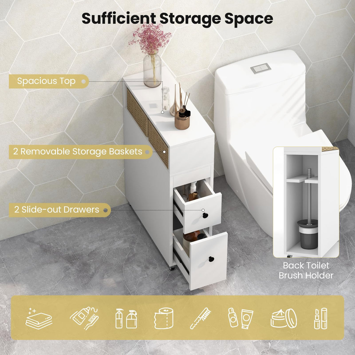 Goflame Small Bathroom Storage Cabinet - Slim Bathroom Organizer with Wheels, 2 Drawers, 2 Baskets