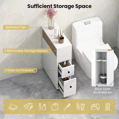 Goflame Small Bathroom Storage Cabinet - Slim Bathroom Organizer with Wheels, 2 Drawers, 2 Baskets