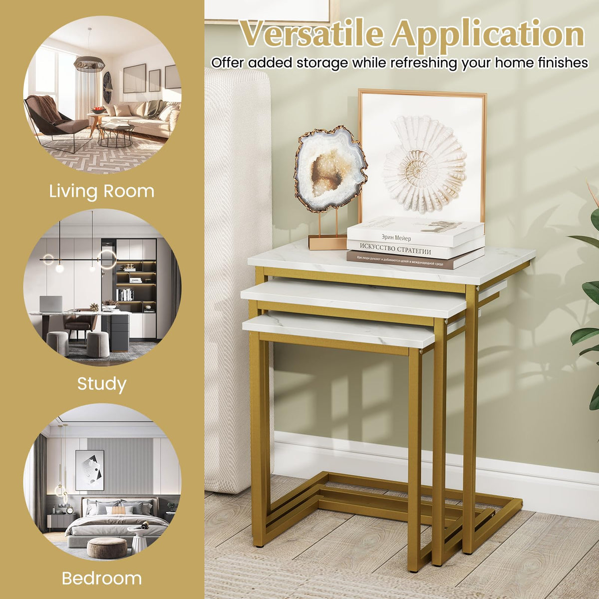 Goflame Nesting Coffee Table Set of 3 Stackable Square End Table w/Faux Marble Tabletop & Heavy-Duty Metal Frame