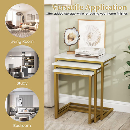 Goflame Nesting Coffee Table Set of 3 Stackable Square End Table w/Faux Marble Tabletop & Heavy-Duty Metal Frame