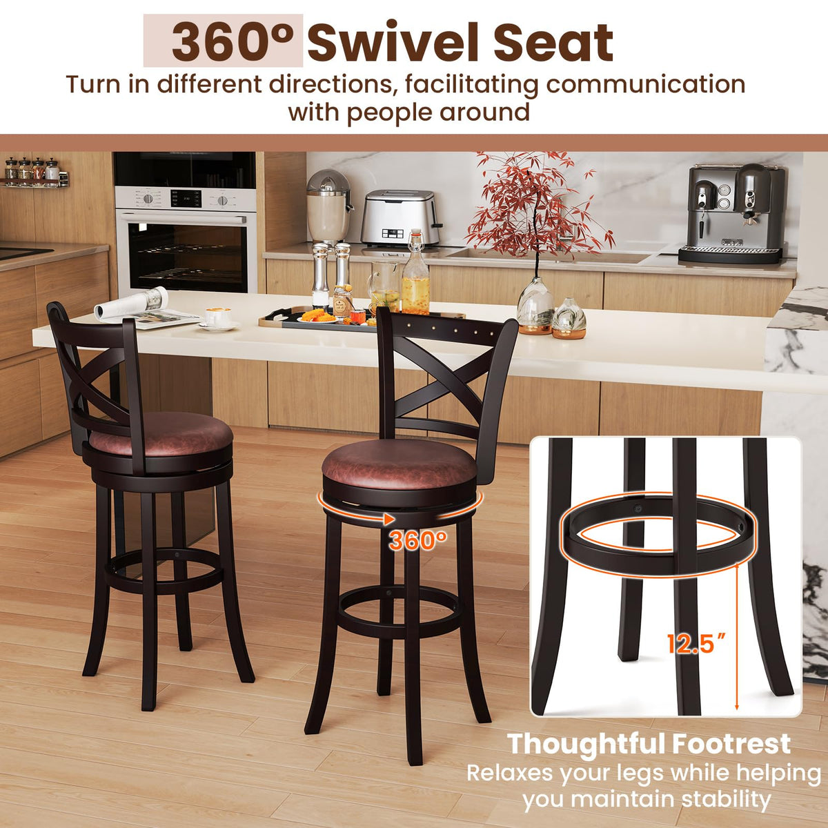 Goflame 30" Swivel Bar Stools with Footrest & Rubber Wood Frame