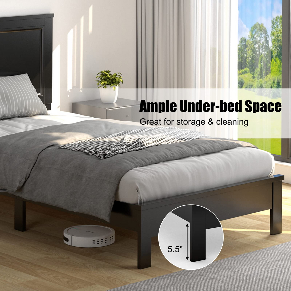 Queen/Full/Twin Size Platform Bed w/ Rubber Wood Legs & Integrated Headboard | Wooden Bed Frame
