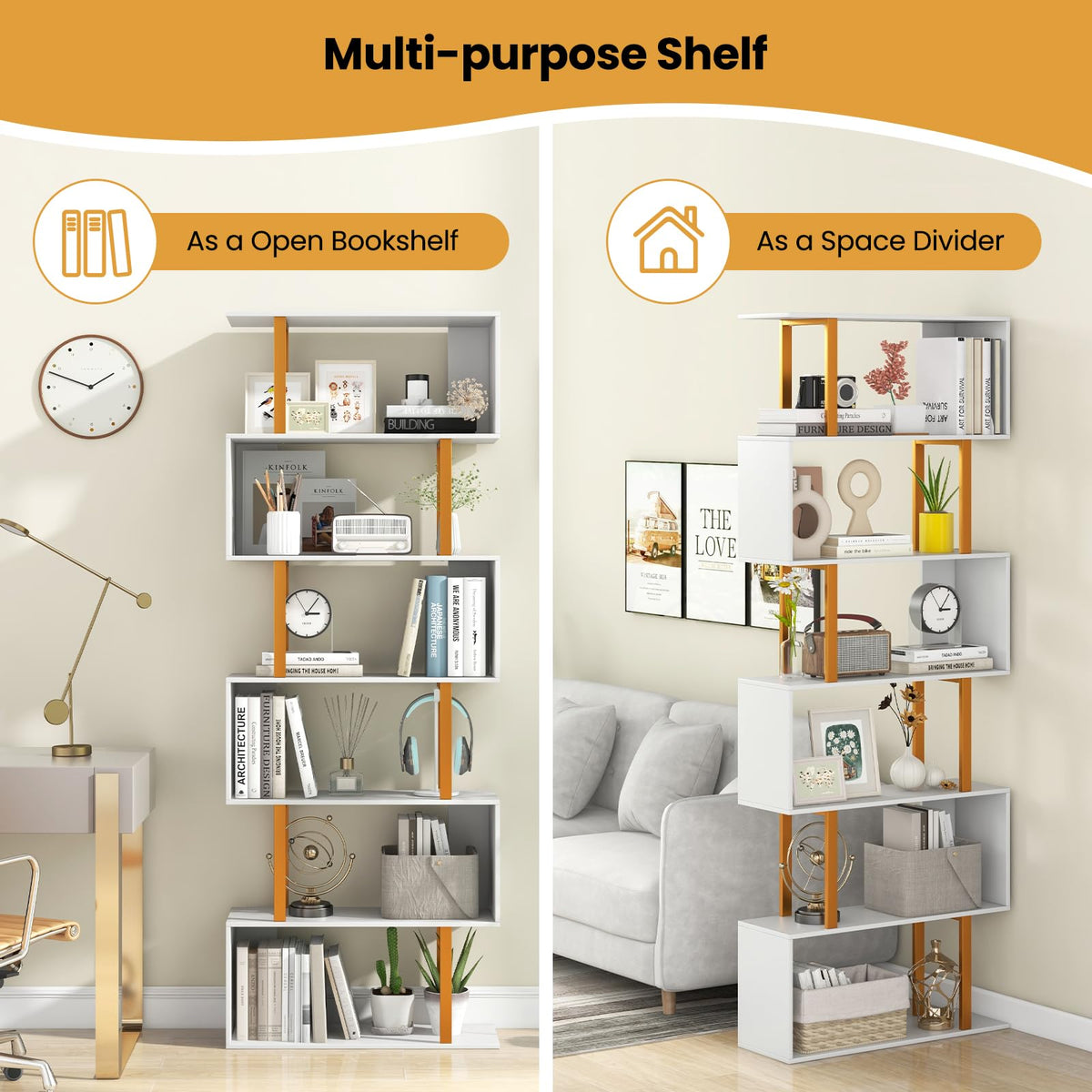 Goflame 6-Tier Modern S-Shaped Bookshelf with Anti-Tipping Kits