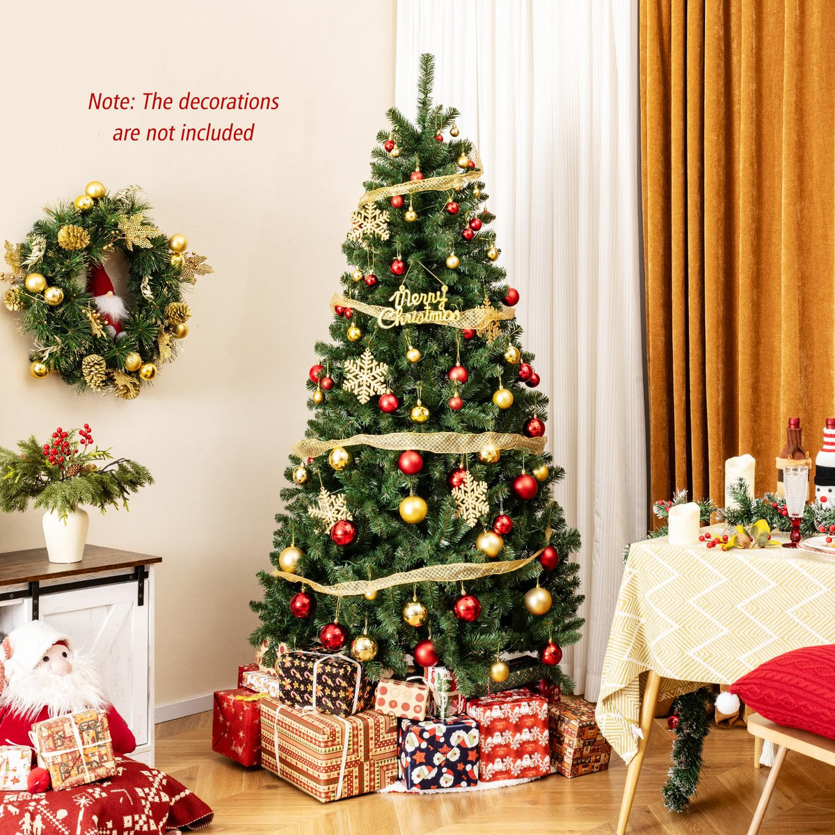 Goflame 7ft Pre-Lit Christmas Tree, Artificial Hinged Xmas Tree with 250 Warm White LED Lights