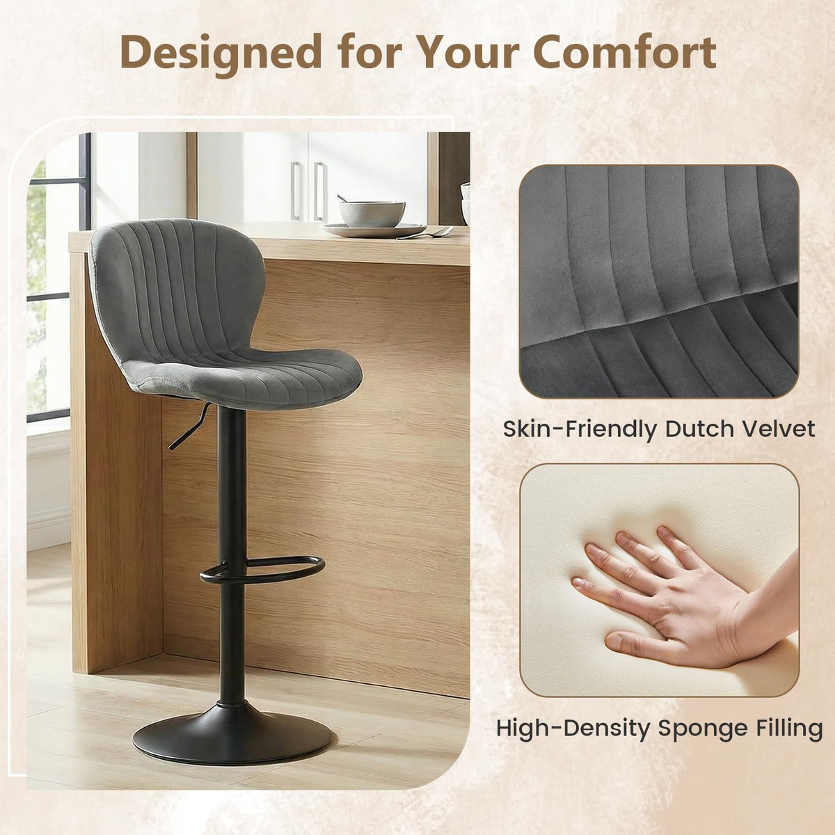 Goflame Bar Stools Set of 2/4 | Adjustable Counter Height Chairs with Velvet Upholstered Backrests