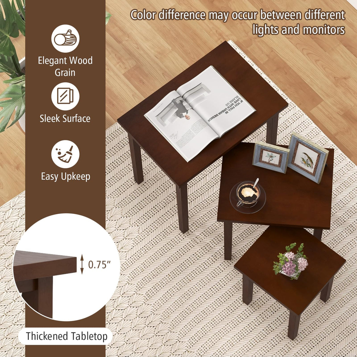Goflame Nesting Tables Set of 3, Farmhouse Stacking Side Tables with Rubber Legs