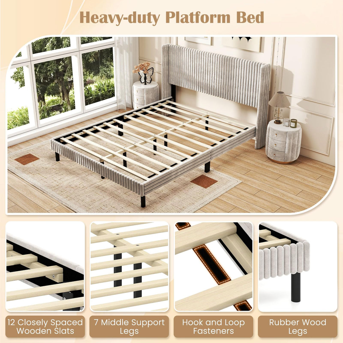 Goflame Queen Velvet Bed Frame Upholstered Platform Bed with Vertical Tufted Wingback Headboard
