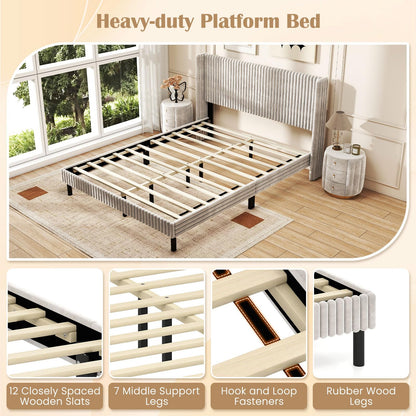 Goflame Queen Velvet Bed Frame Upholstered Platform Bed with Vertical Tufted Wingback Headboard