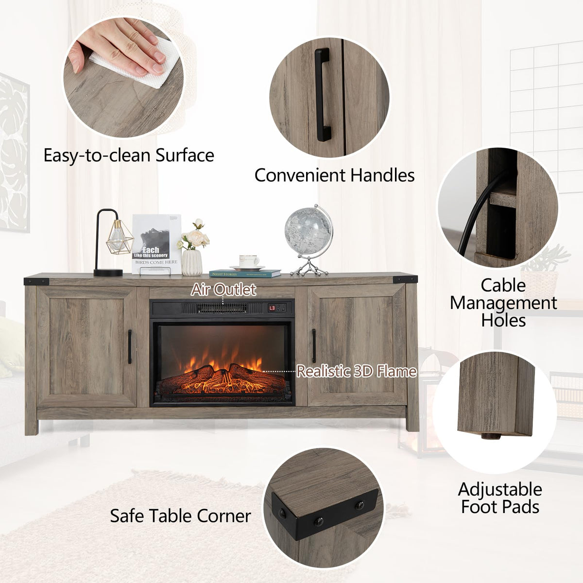 GOFLAME Fireplace TV Stand for TVs Up to 70 Inches with Electric Fireplace and Remote Control