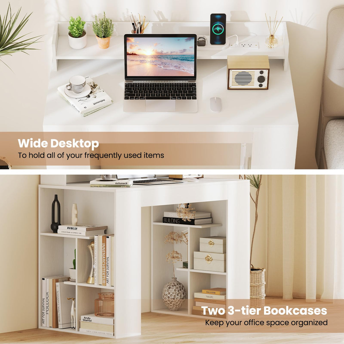 Goflame White Desk with Storage Shelves