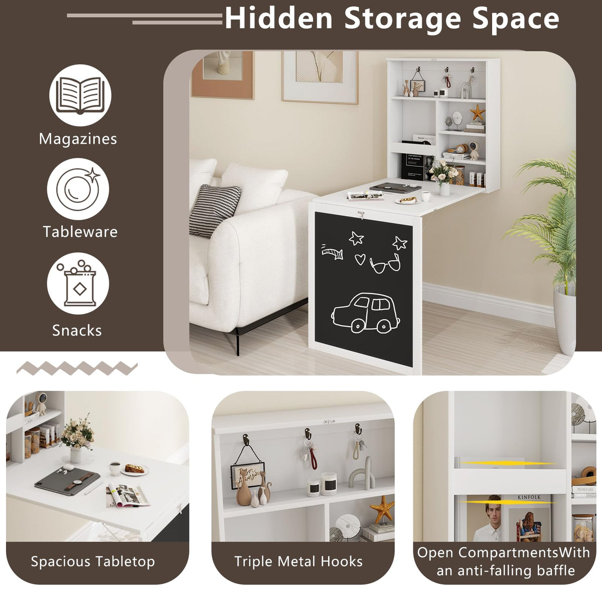Goflame Foldable Wall Mounted Desk with Storage Shelves Hooks & Chalkboard