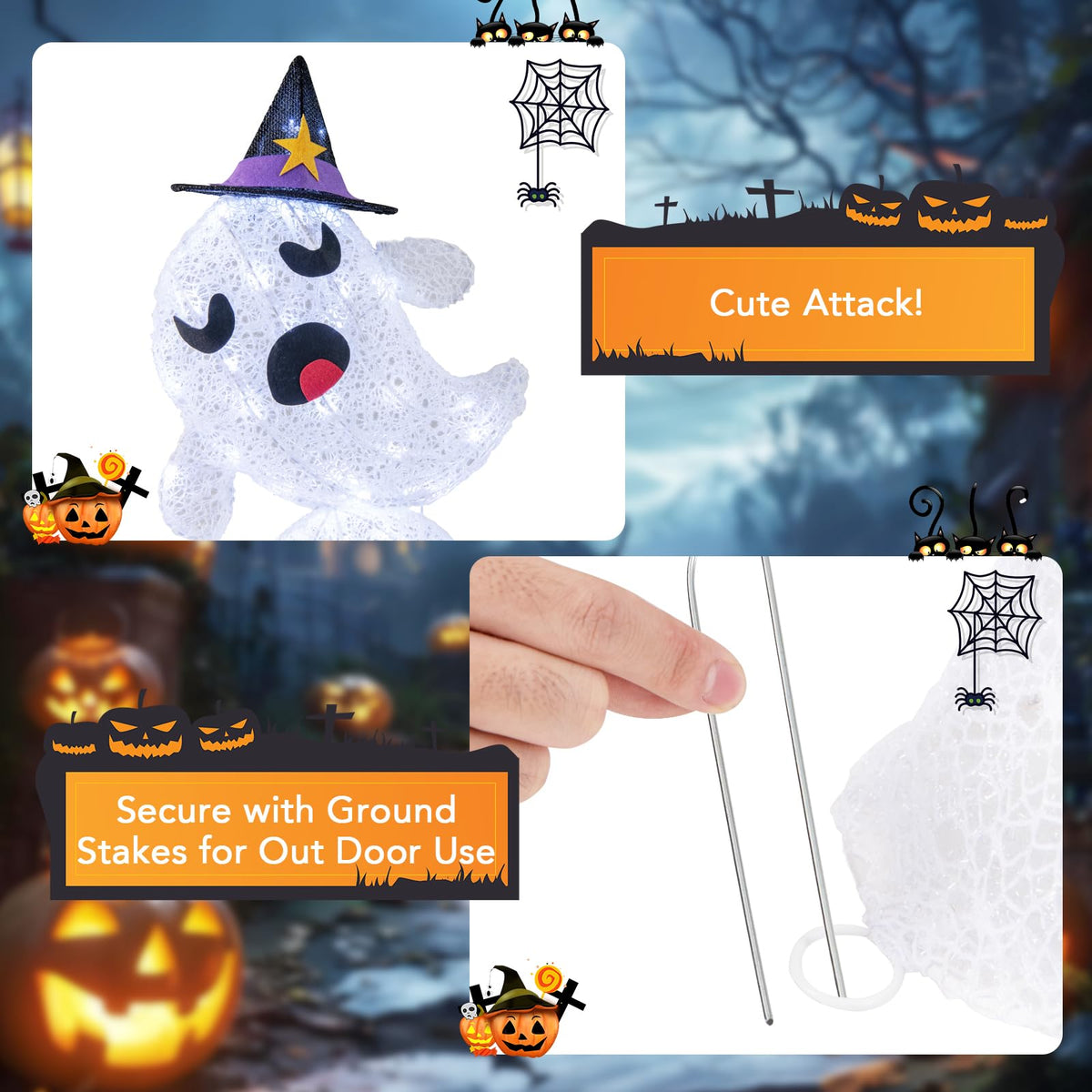 Goflame 4 Ft Halloween Decorations Outdoor Stacked Ghosts, Free-Standing Cute Yard Decorations