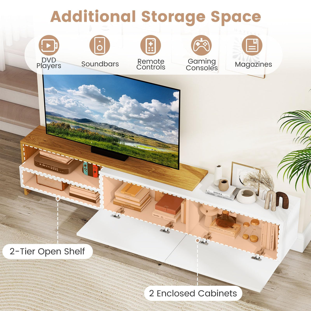 Goflame Modern TV Stand for 80 Inches TVs with Storage Shelves and Cabinets