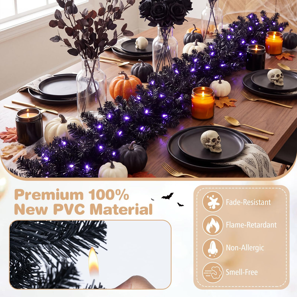 GOFLAME 9FT Pre-lit Black Halloween Garland with 50 Purple LED Lights