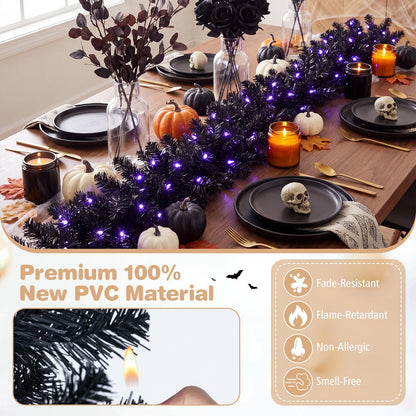 GOFLAME 9FT Pre-lit Black Halloween Garland with 50 Purple LED Lights