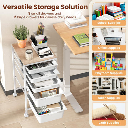 Goflame 5-Drawer Rolling Storage Cart Mobile Utility Organizer with Wooden Tabletop and Lockable Wheels