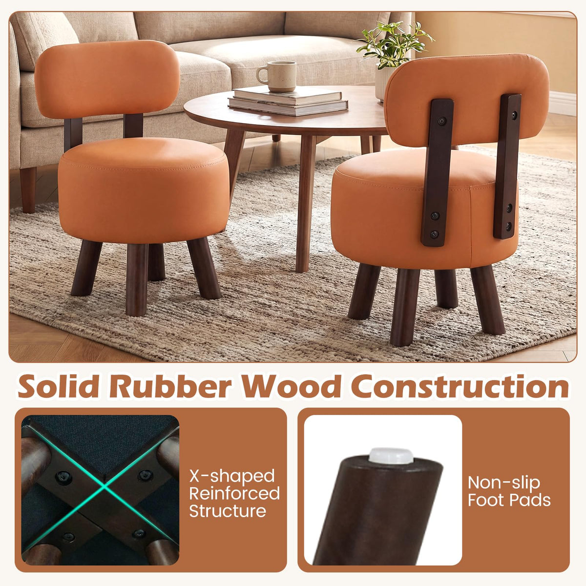 Goflame Round Small Footrest Stools Set of 2 with Backrest & Rubber Wood Legs