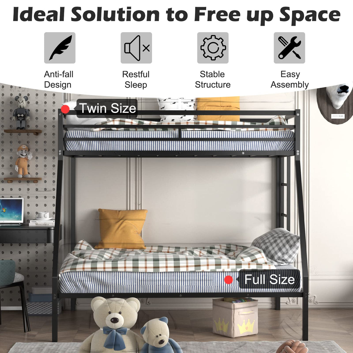 Goflame Metal Bunk Bed, Twin Over Full Size Bed w/ Removable Ladder & Steel Slats Support