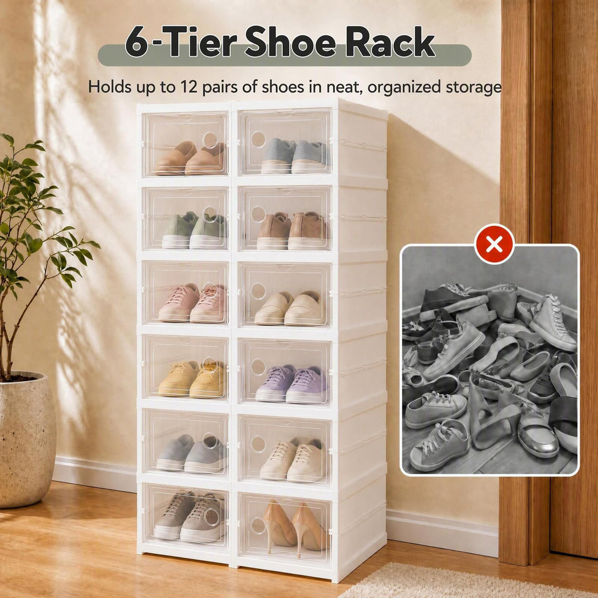 GOFLAME 6-Tier Foldable Shoe Storage Box Fits 12 Pairs No Assembly