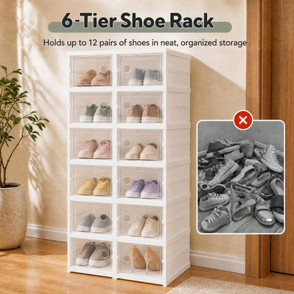 GOFLAME 6-Tier Foldable Shoe Storage Box Fits 12 Pairs No Assembly