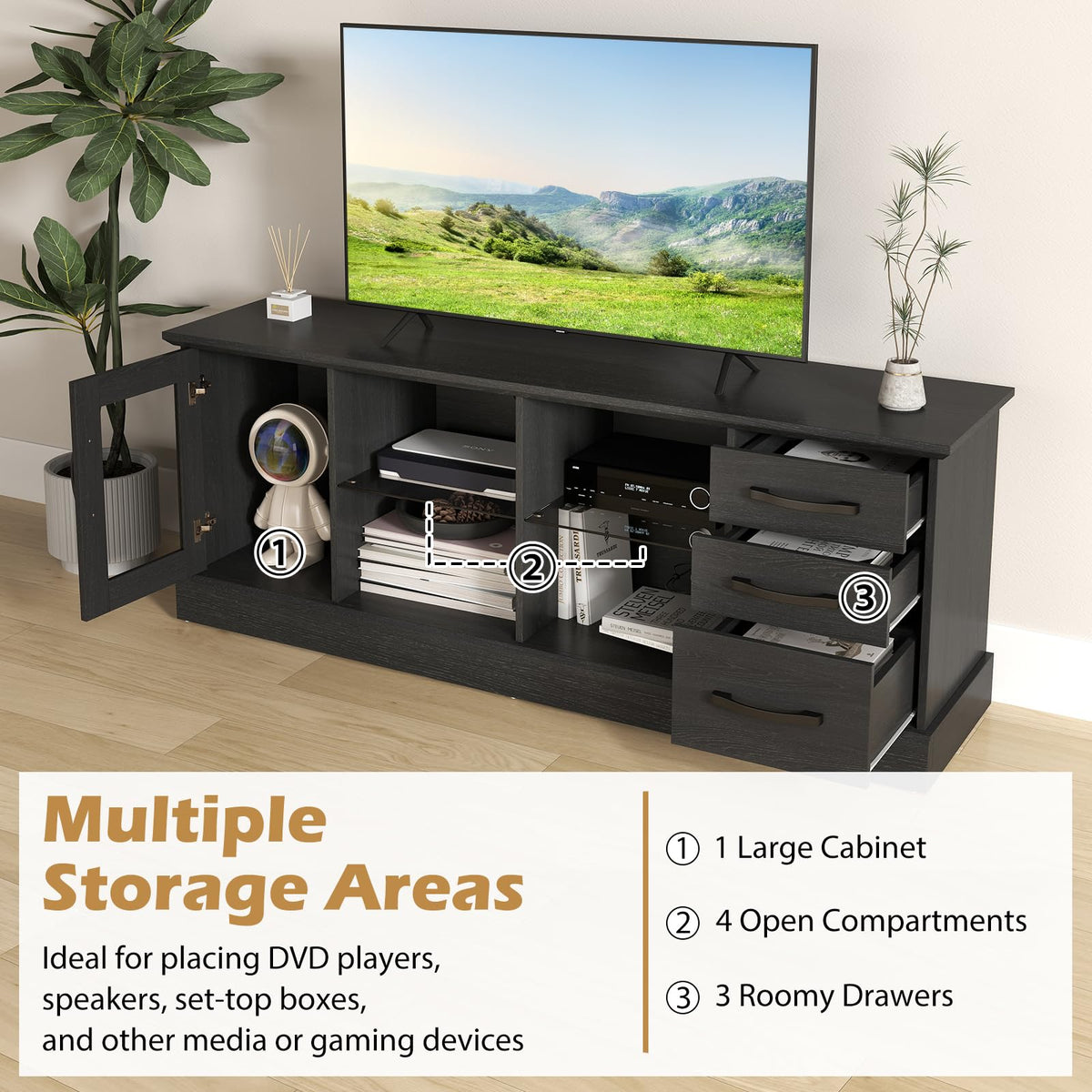 Goflame TV Stand for TVs up to 73”, Entertainment Center w/Cable Management Holes, Drawers