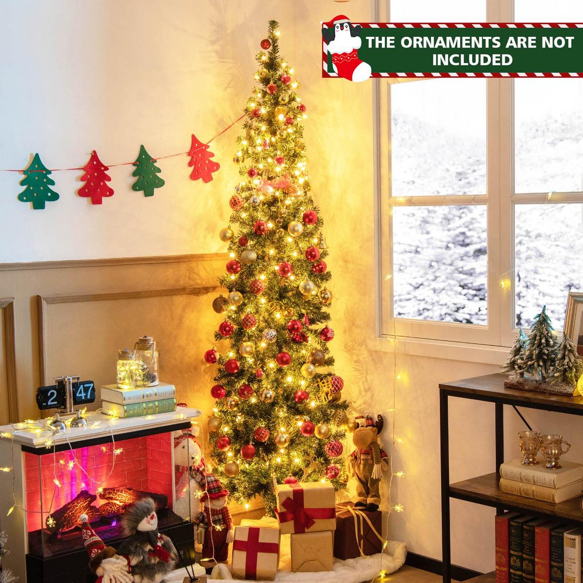 Goflame 7ft Prelit Half-Shape Christmas Tree, Space-Saving Slender Artificial Xmas Tree with 150 LED Lights - GoflameUS