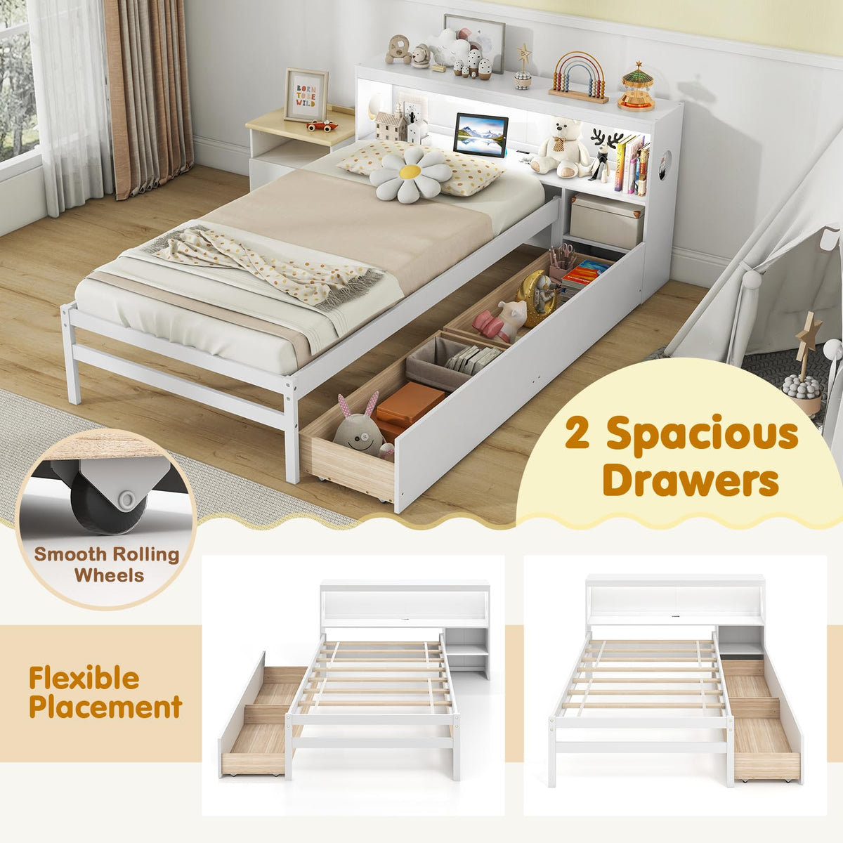 Goflame Wood Twin Bed Frame with Storage Drawer & Headboard, Modern Platform Bed with Charging Station & LED Light