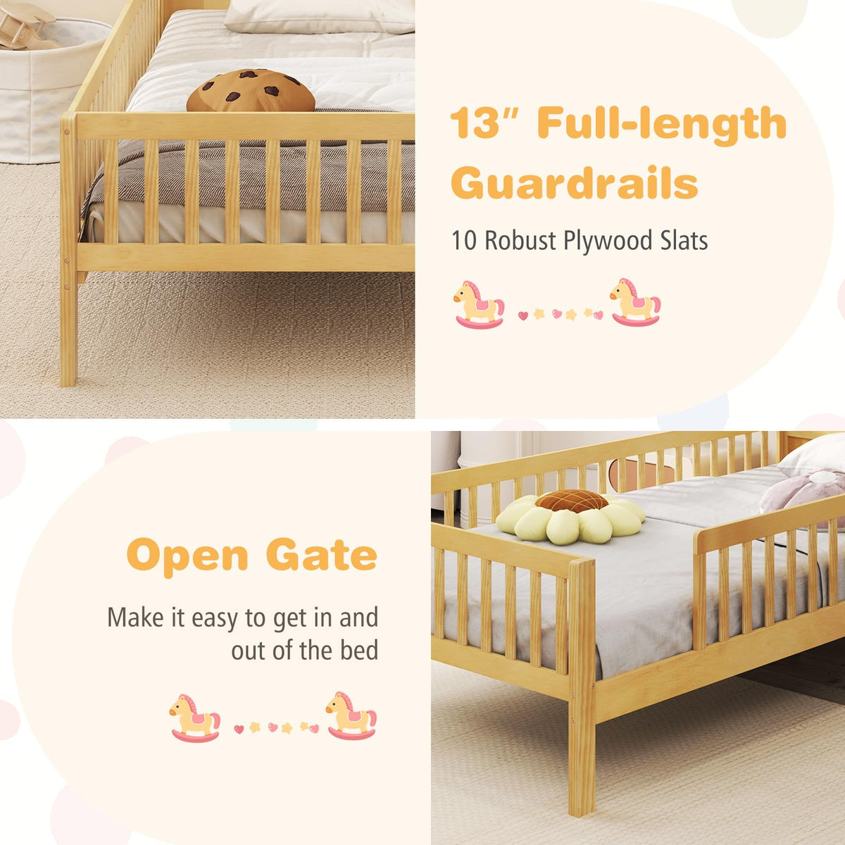 Goflame Twin Bed Frames for Kids, Solid Wood Montessori Bed with House-Shaped Headboard & Built-in Storage Shelf