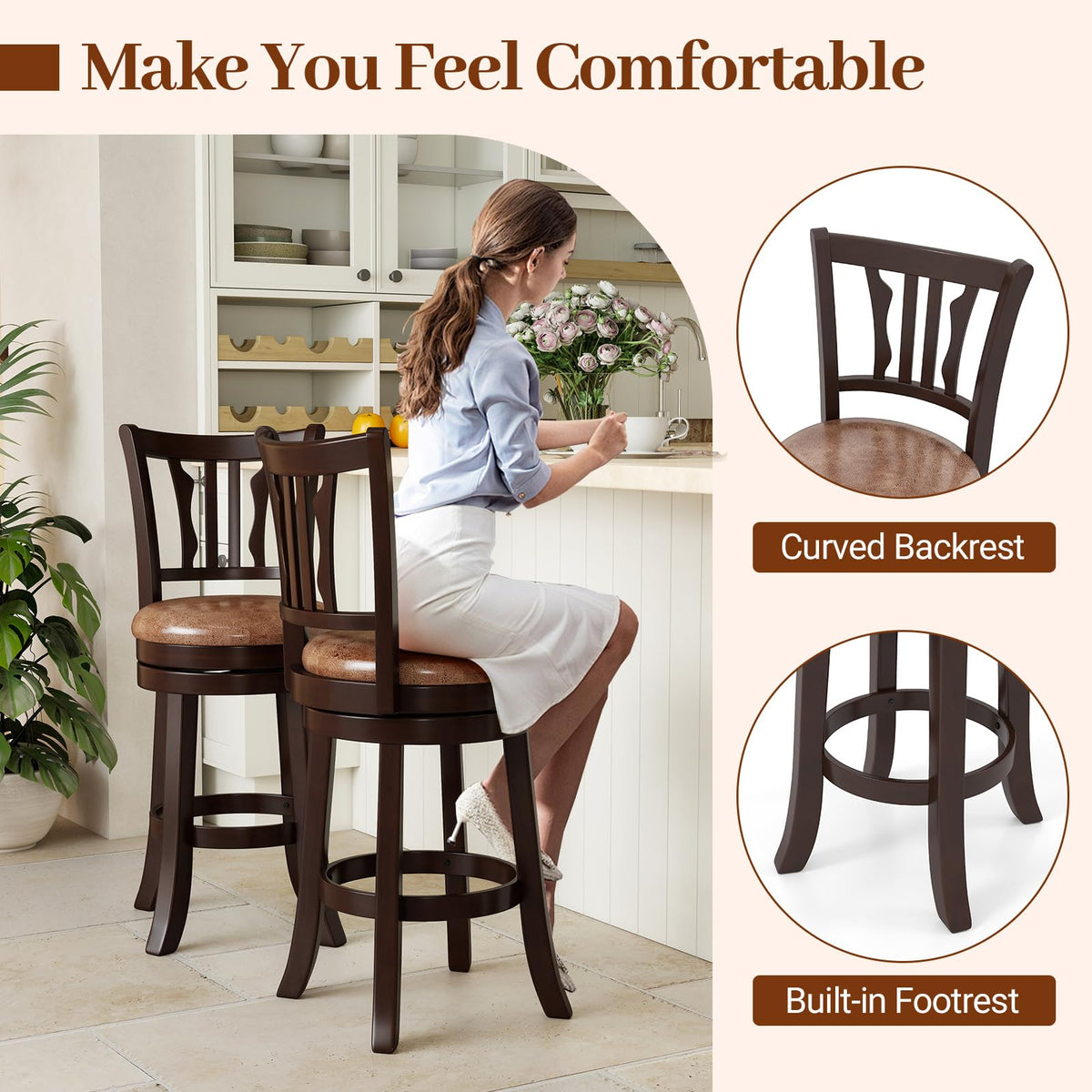 Goflame 26" Upholstered Counter Height Swivel Bar Stools Set of 2/4 with Back and Solid Rubber Frame