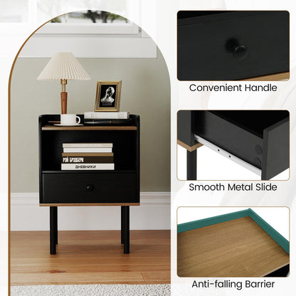 Goflame Wood Night Stand with Drawer - Mid Century Modern Bedside Table
