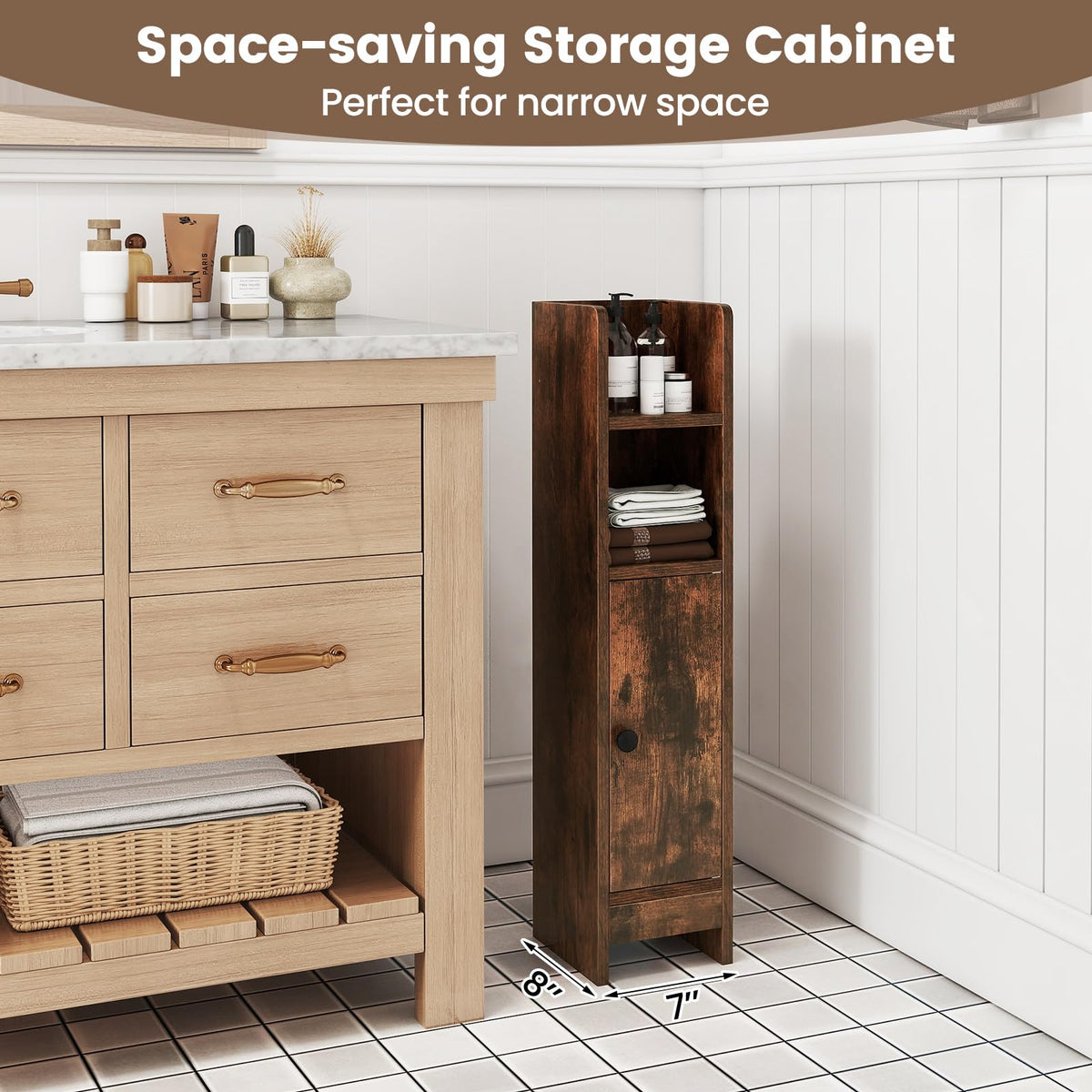 Goflame Slim Bathroom Cabinet with 3 Level Adjustable Shelf & Anti toppling Design