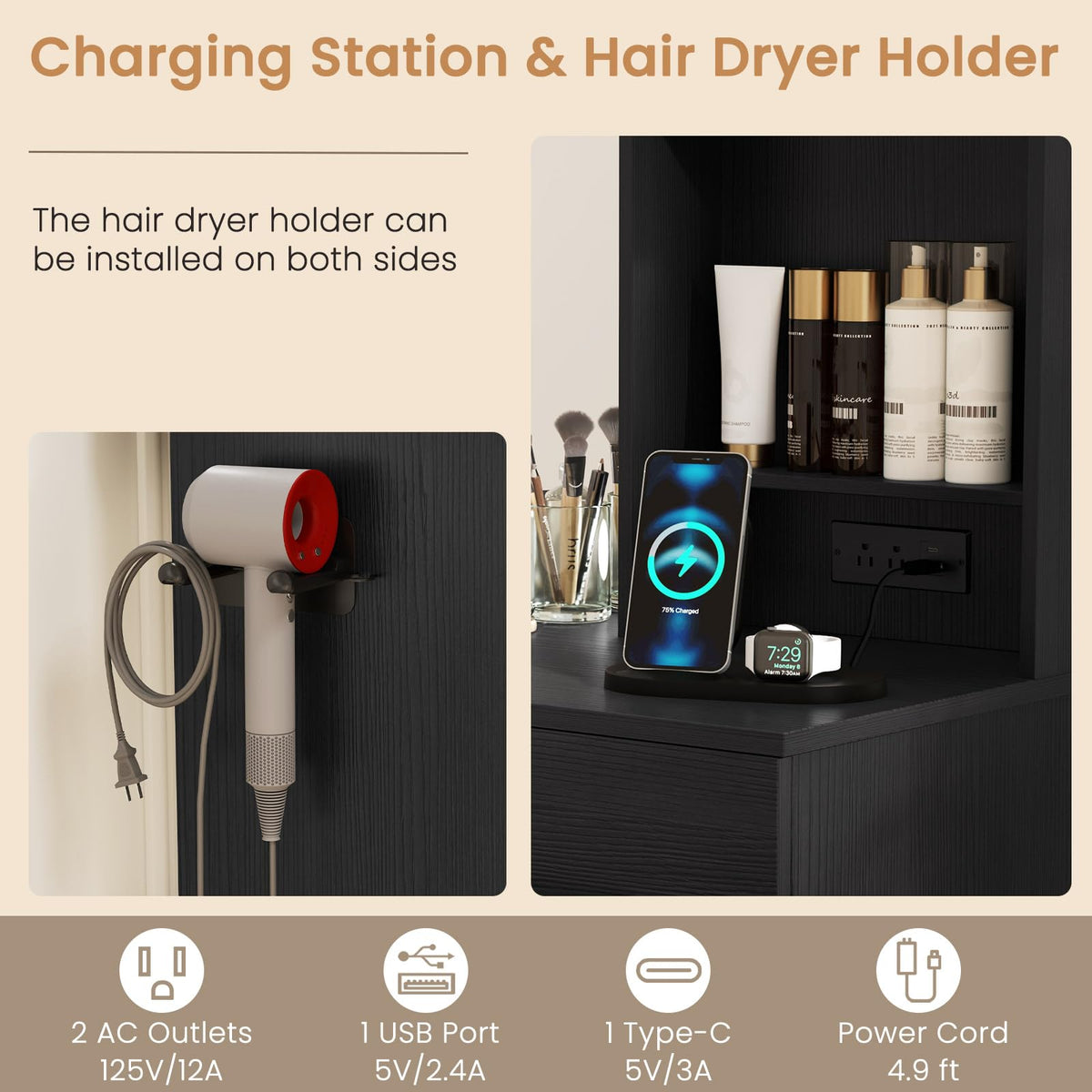 Makeup Vanity Desk with Lights, Modern Dressing Table with Charging Station