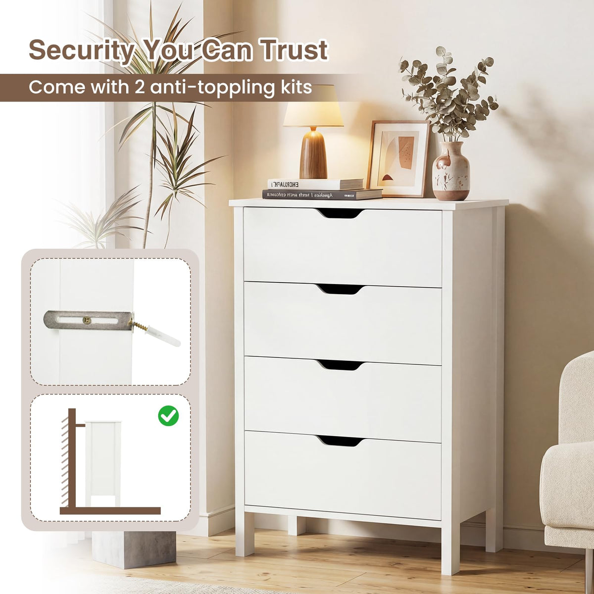 Goflame 4 Drawer Storage Cabinet with Handles & Anti-Tipping Kits