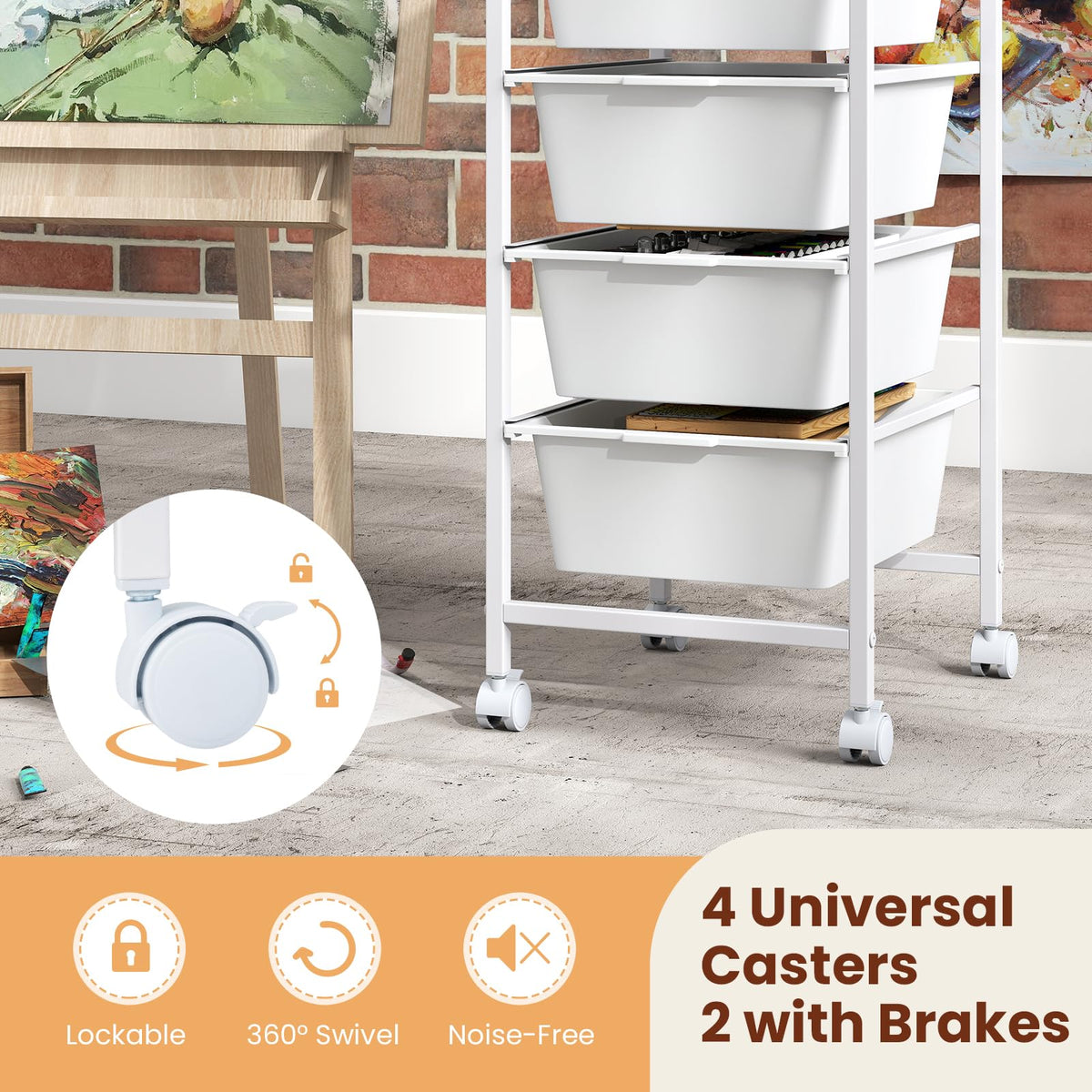 Goflame 4-Drawer Rolling Storage Cart Mobile Utility Organizer with Wooden Tabletop and Lockable Wheels