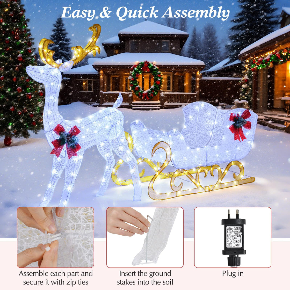 Goflame Lighted Christmas Reindeer and Sleigh w/ 215 LED Lights