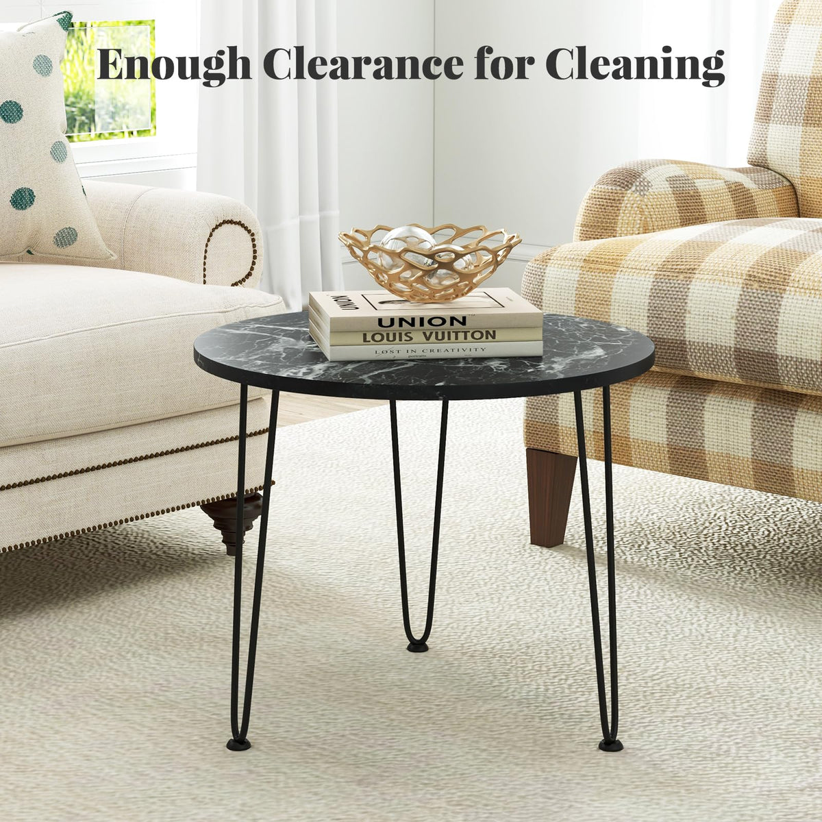 Goflame Round Coffee Table, Faux Marble Center Table with Metal Legs, Sofa Accent Side Table