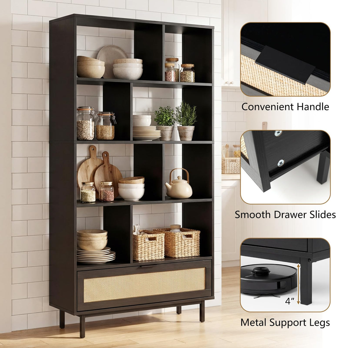 Goflame 64" Tall 6-Tier Wood Bookshelf with Rattan Drawer