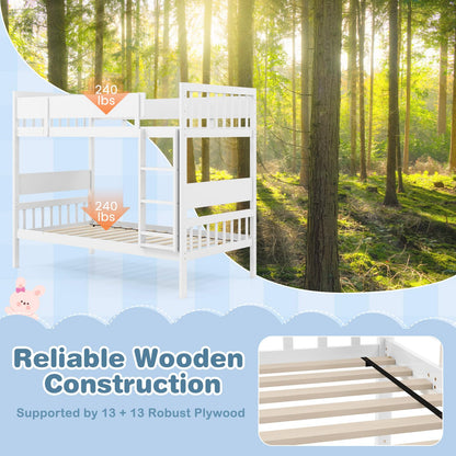 Goflame Wood Bunk Bed Twin Over Twin, Solid Wood Bunk Bed Frame with Ladder & Safety Guardrails